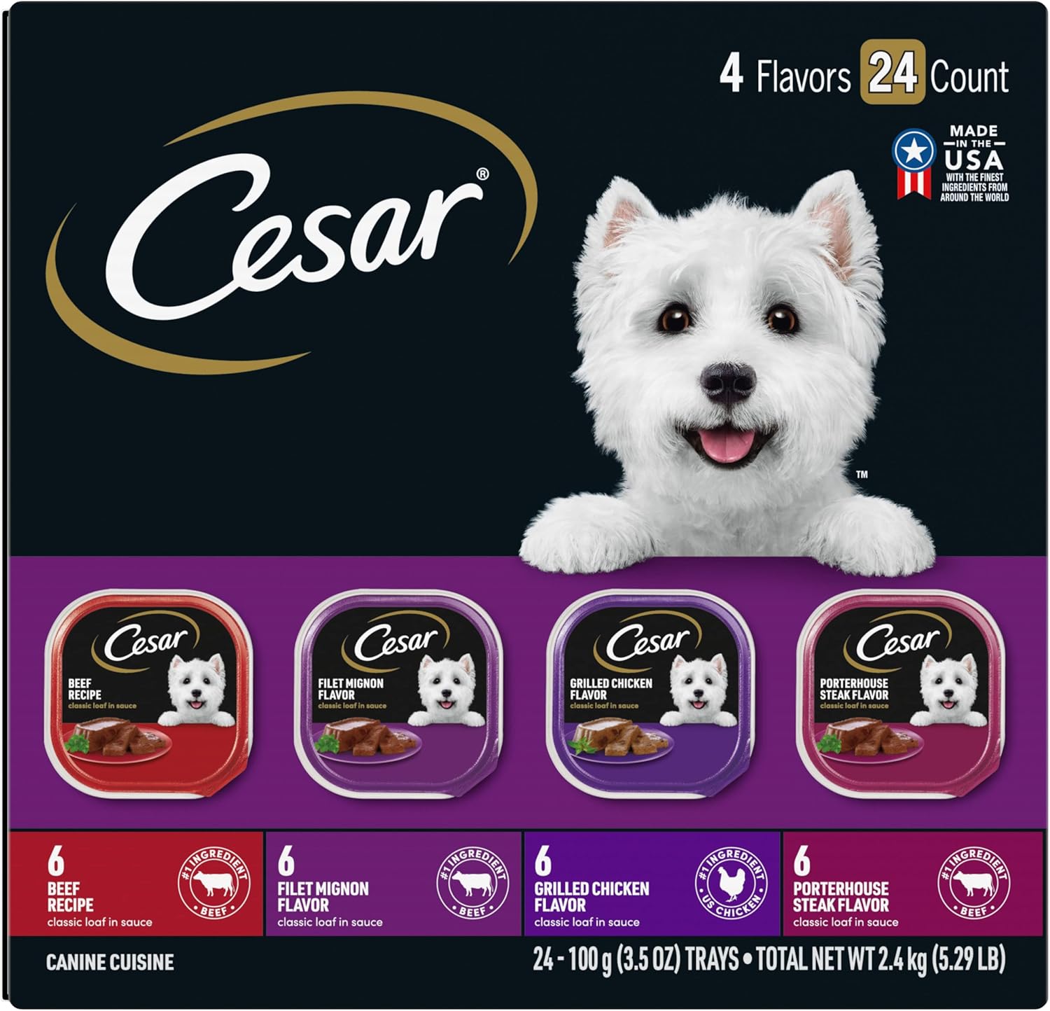 Cesar Wet Dog Food Classic Loaf in Sauce Beef Recipe, Filet Mignon, Grilled Chicken and Porterhouse Steak Variety Pack, 3.5 oz. Easy Peel Trays (24 Count, Pack of 1)