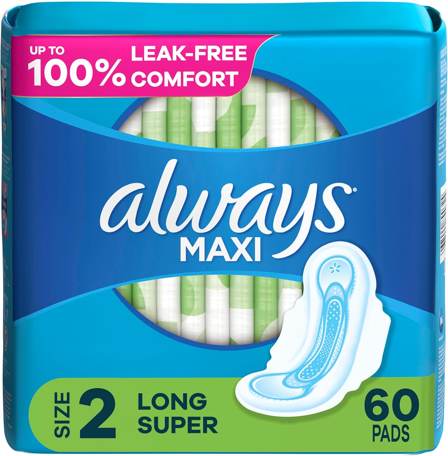 Always Maxi Feminine Pads For Women, Size 2 Long Super Absorbency, With Wings, Unscented, 60 Count