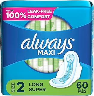 Always Maxi Feminine Pads For Women, Size 2 Long Super Absorbency, With Wings, Unscented, 60 Count