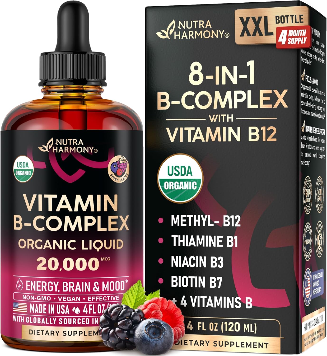 USDA Organic Vitamin B-Complex B5 Pantothenic Acid | B12 Methylcobalamin | B1 Thiamine | B6 Pyridoxine | B7 Biotin | B9 Folic | B3 Niacinamide - B Complex Liquid Drops, Made in USA Supplement, 4fl oz
