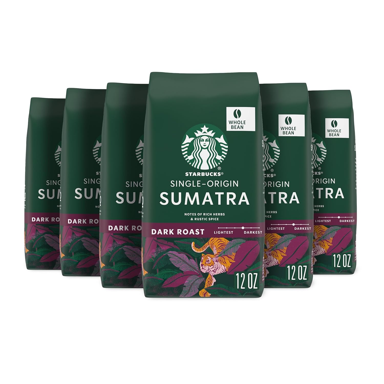 Starbucks Whole Bean Coffee, Dark Roast Coffee, Sumatra, 100% Arabica, 6 bags (12 oz each)