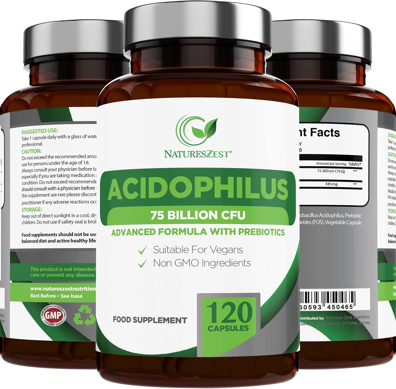 NATURES ZEST - High Strength Acidophilus Probiotics and Prebiotics -75 Billion CFU - 4 Months Supply -120 Capsules with lactobacillus acidophilus, Friendly Bacteria, Vegan & Gluten Free, UK Made