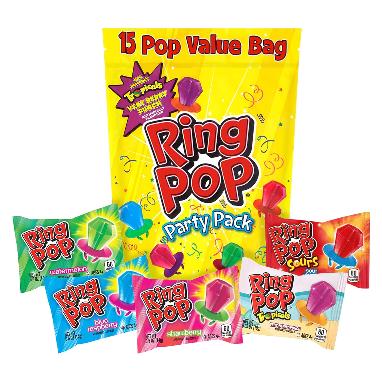 Ring Pop Individually Wrapped Bulk Lollipop Variety Party Pack – 15 Count Lollipop Suckers w/ Assorted Fruity Flavors - Fun Candy Bulk For Party Favors & Goodie Bags