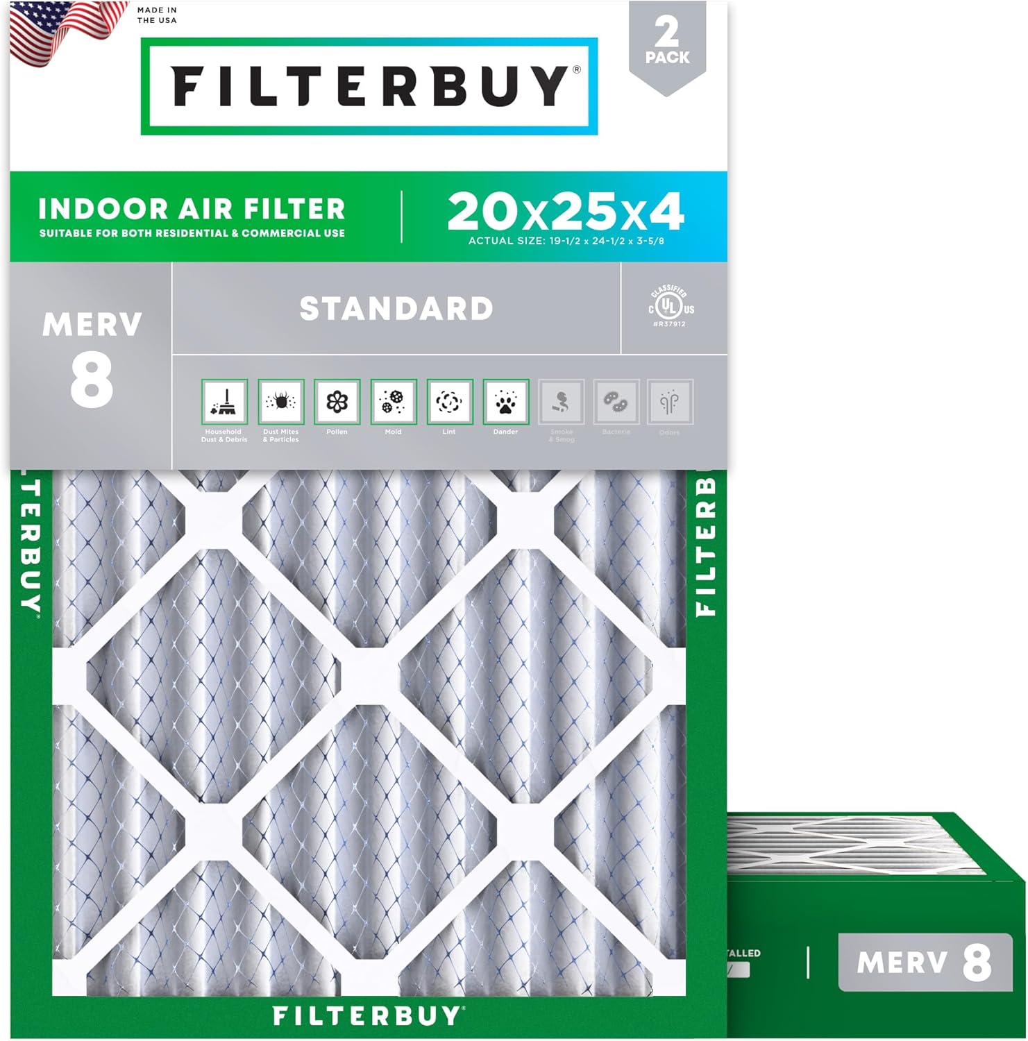 Filterbuy 20x25x4 Air Filter MERV 8 Dust Defense (2-Pack), Pleated HVAC AC Furnace Air Filters Replacement (Actual Size: 19.50 x 24.50 x 3.63 Inches)