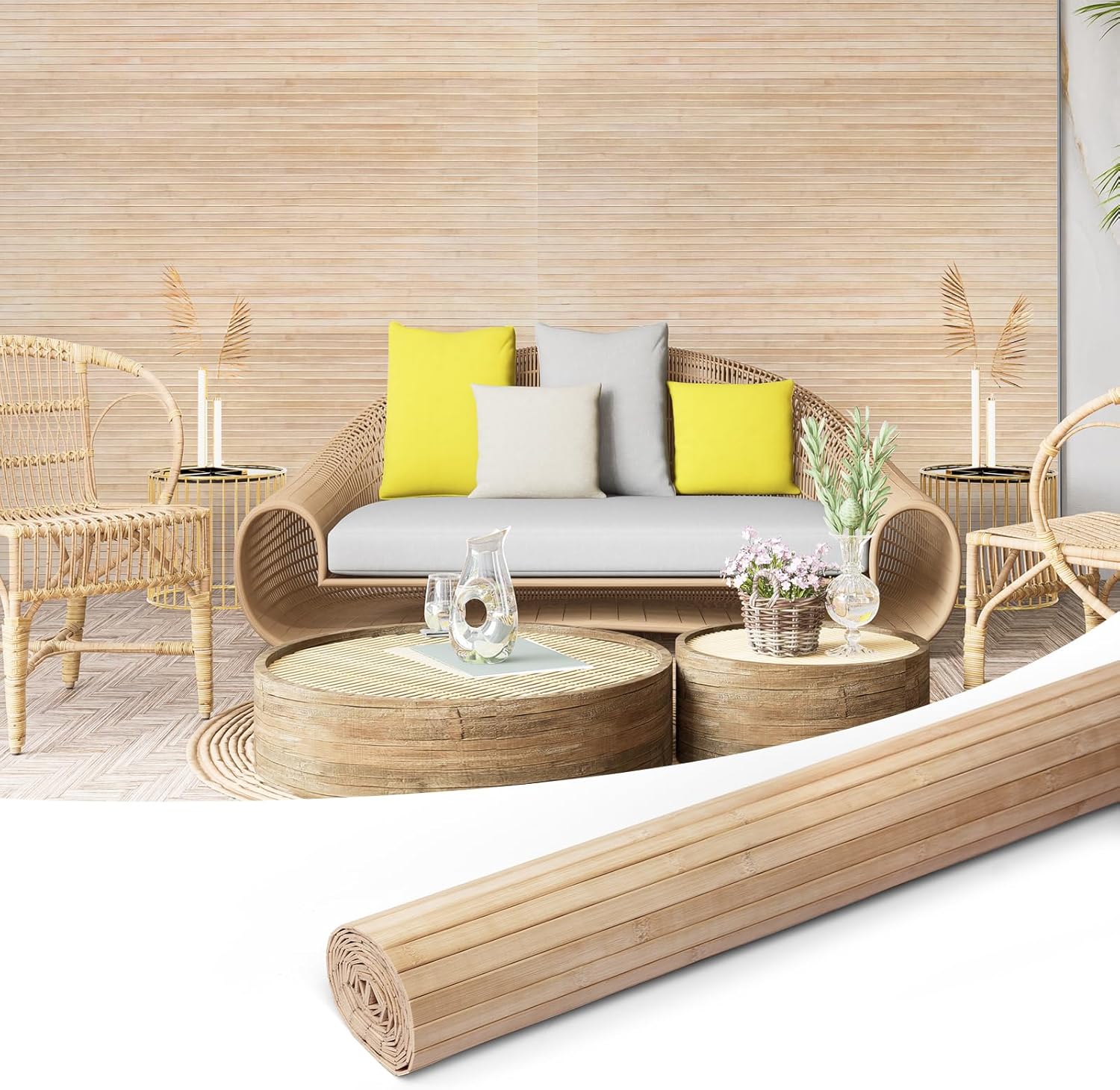 Art3d 48 x 96 Inch Natural Bamboo Wall Panel for Interior Wall Decor, Flexible Pole Wrap Wainscoting Wall Cladding Paneling for Living Room, Bedroom, Office, Kitchen Island, Light-carbonized