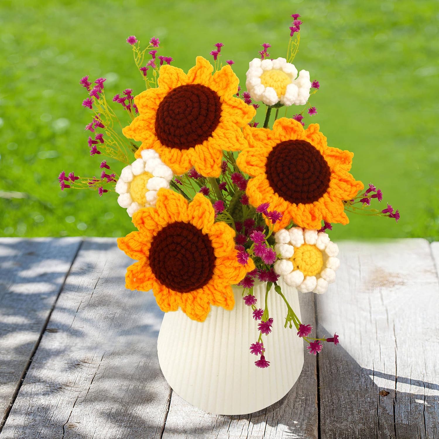 8Pcs Knitted Fake Sunflower Daisy Artificial Flowers for Decoration, Wool with Stems White Bulk ​Bouquet, for Festival Party Table Centerpieces Gift (Handmade Fuchsia)