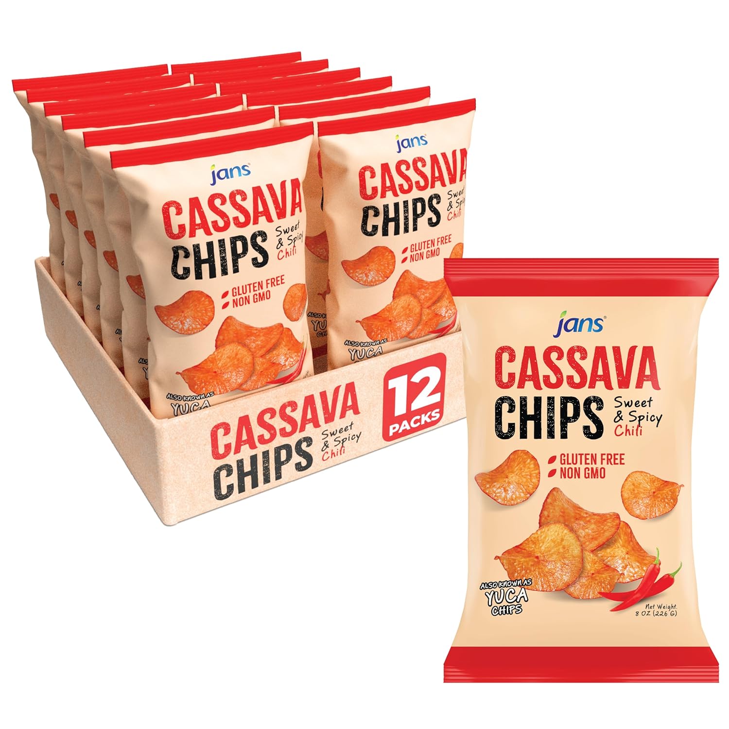 Jans Cassava Chips Sweet & Spicy Chili Flavor 8oz (Pack of 12) — Crunchy Yuca Chips | Cassava Balado