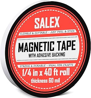 Magnetic Tape with Adhesive Backing 1/4 inch Wide - Thick 60 mil Magnet Tape Roll to Make Sticky Magnet Strips, Strong Squares, Dots, Flexible Sheets, Cutting Own Fridge Magnets, Crafts