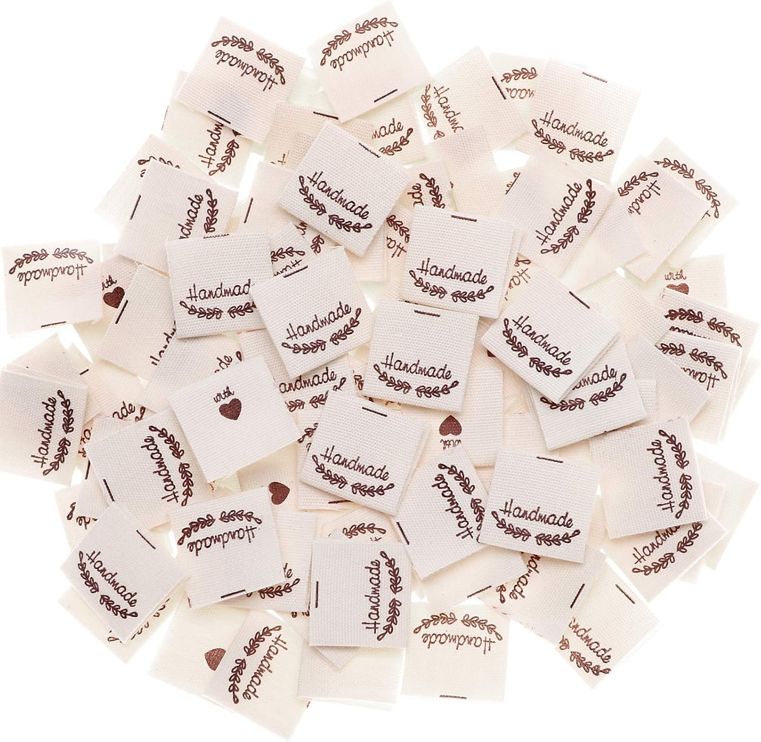100±3Pcs Handmade with Love Fabric Labels Cotton Clothing Handmade Sewing Labels Handmade Craft Tags for DIY Textile Knitting Sewing and Garment Decoration(Beige with Flower Branch)
