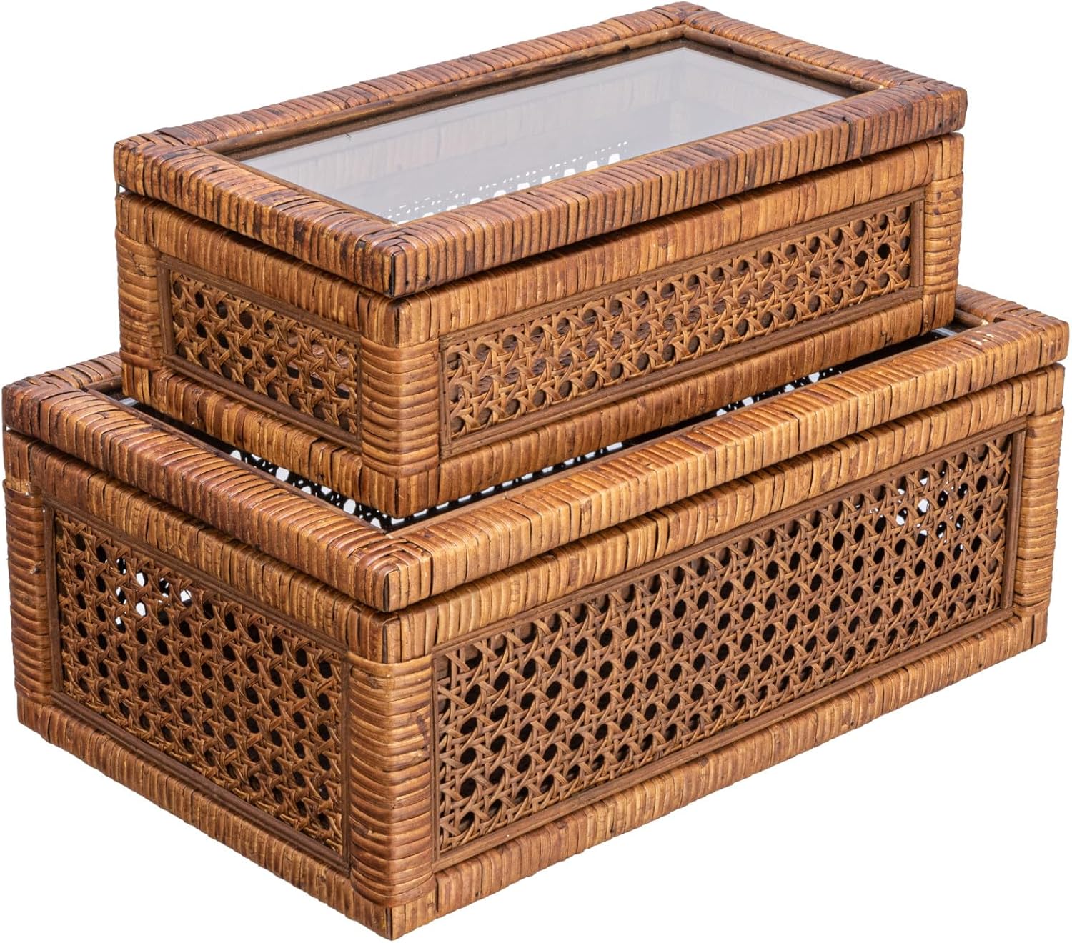 Creative Co-Op Modern Decorative Rectangle Woven Rattan and Wood Display Boxes with Glass Top, Set of 2 Sizes, Dark Brown Finish, Rectangular