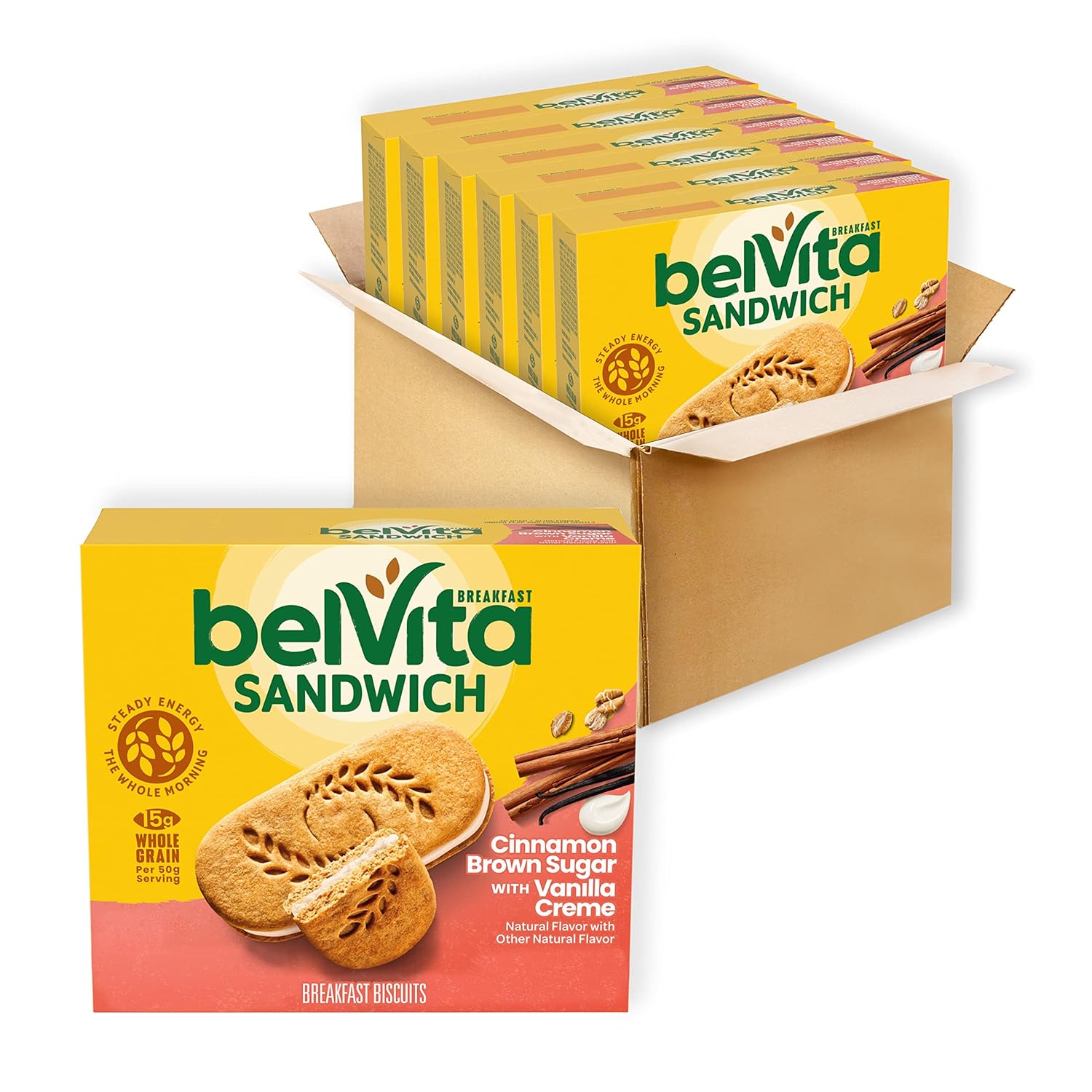 belVita Breakfast Sandwich Cinnamon Brown Sugar with Vanilla Creme Breakfast Biscuits, 30 Total Packs, 6 Boxes (2 Sandwiches Per Pack)
