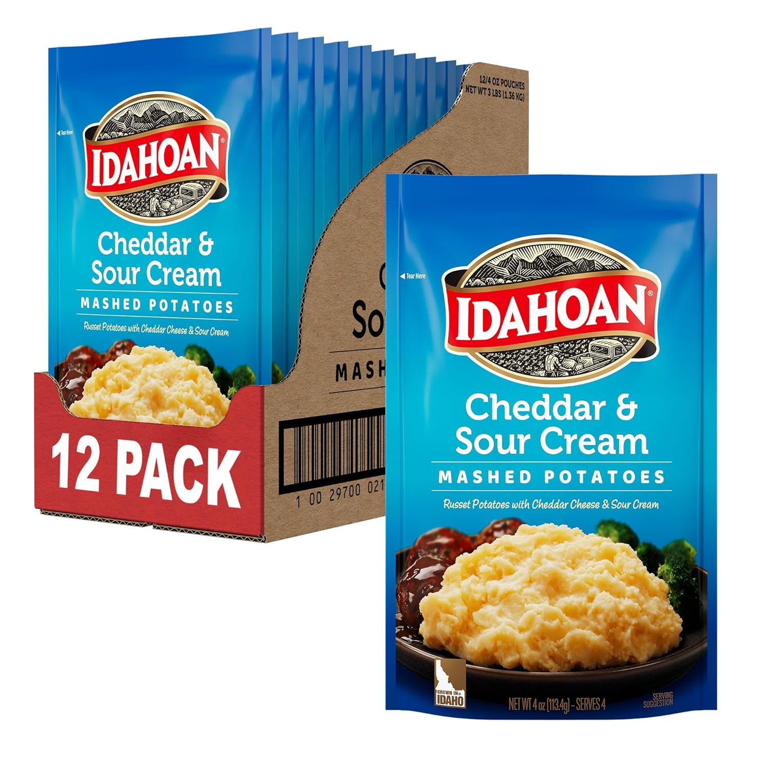 Idahoan Cheddar & Sour Cream Mashed Potatoes, Naturally Gluten-Free, 100% Real Idaho Potatoes, 4 servings per bag, 4 ounce (Pack of 12)