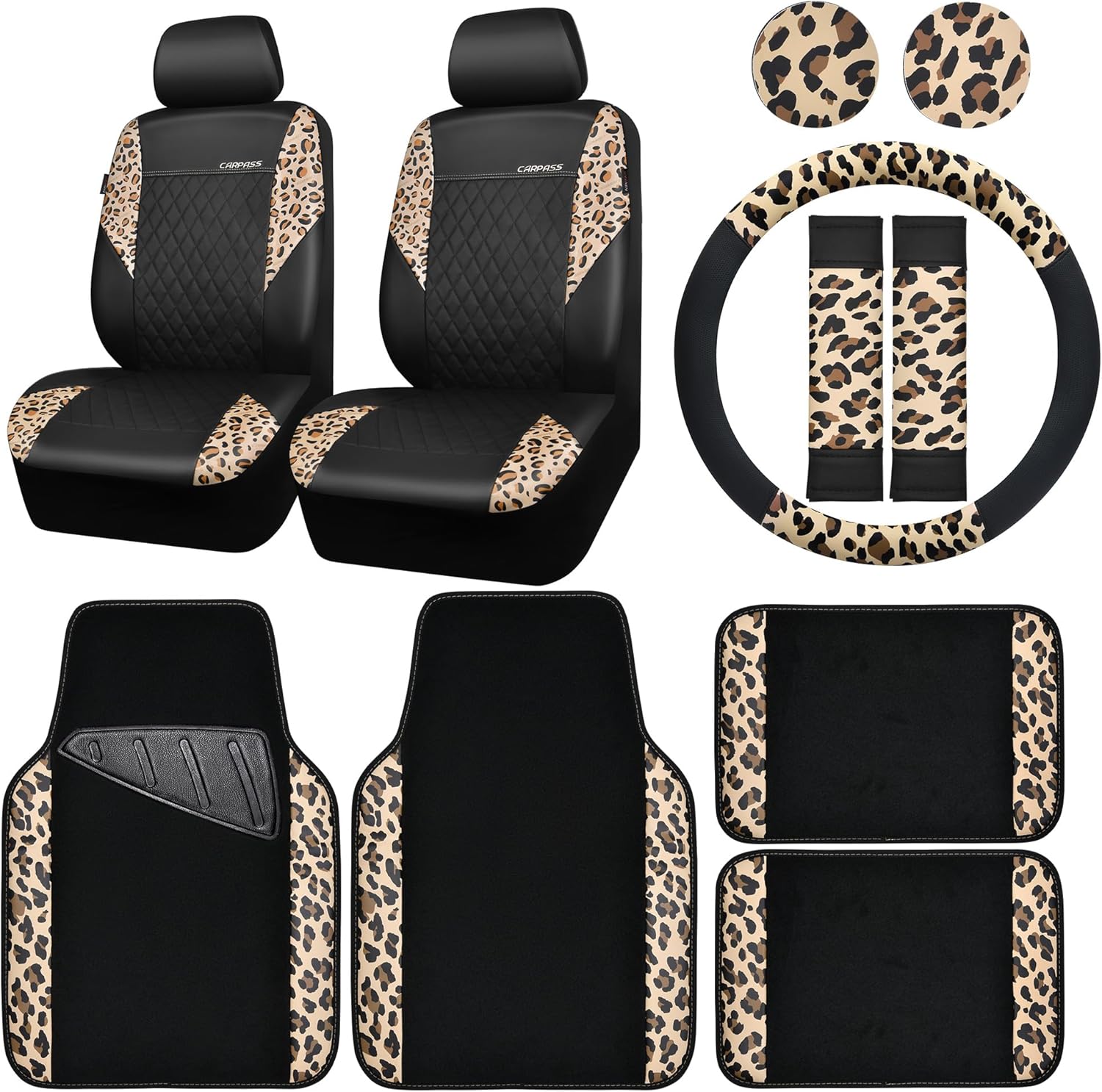 CAR PASS Leopard Print Faux Leather Car Seat Covers & Leopard Car Mats&Leopard Steering Wheel Cover Seat Belt Pad Universal Car Accessories for SUV,Van,Saden,Truck Automobile Interior Sets
