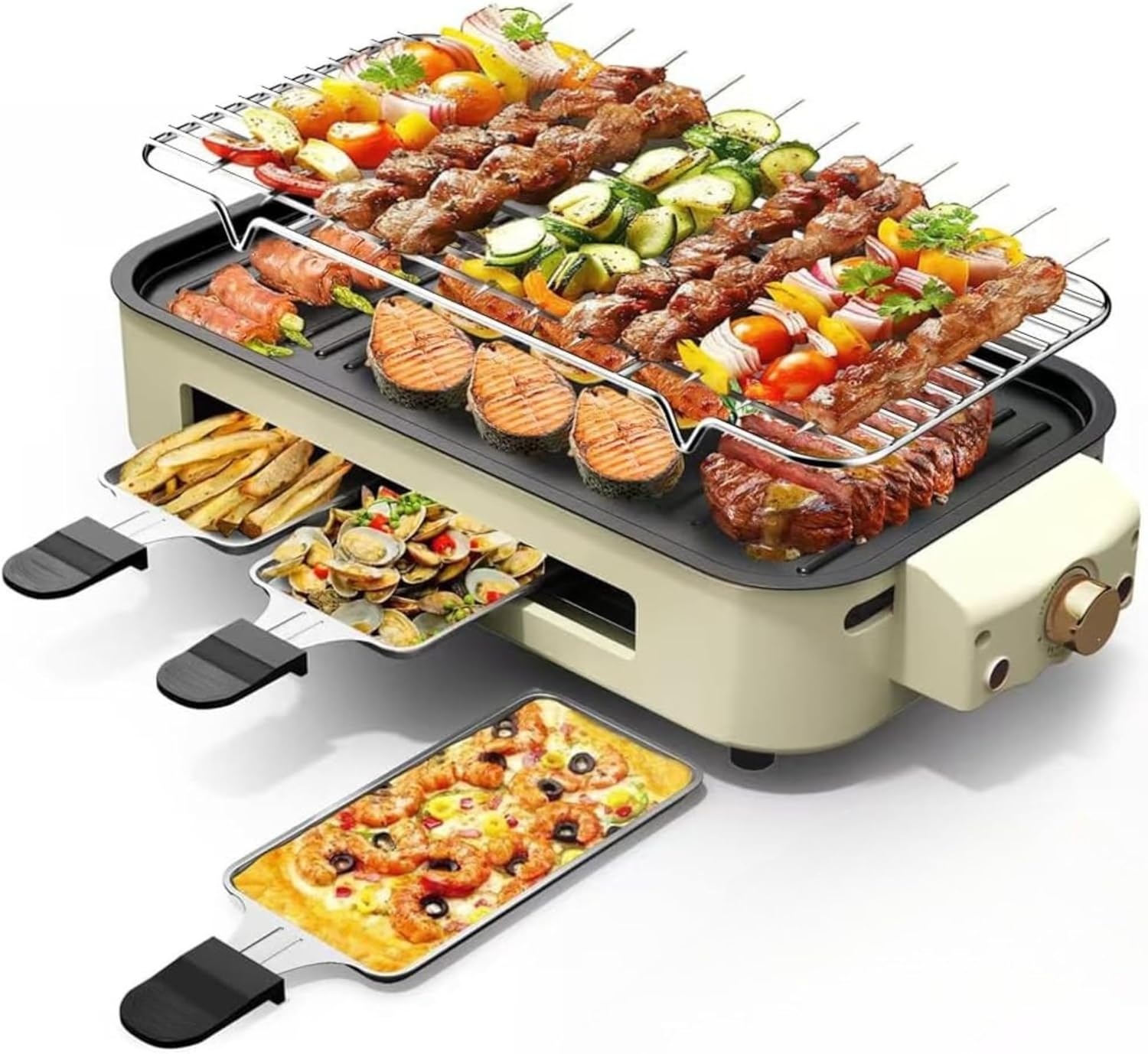 OVENTE 2-in-1 Electric Indoor Grill, 1500W Smokeless Korean BBQ Griddle with Non-Stick Removable Cooking Plate, 3 Raclette Cheese Pans, Adjustable Temperature Control, Dishwasher Safe, Beige BQR1502B
