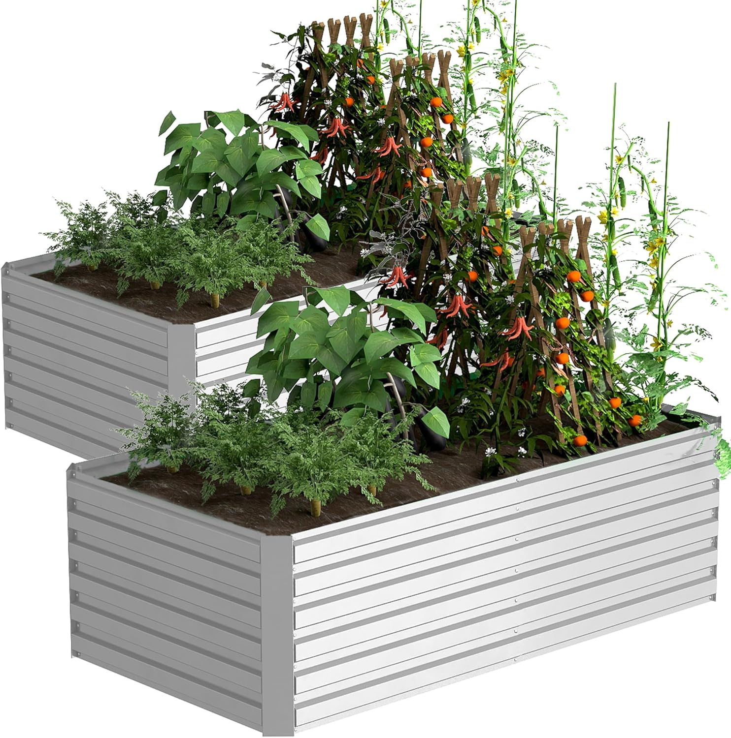 FOOWIN 2pcs 8x4x2ft Galvanized Raised Garden Bed, Planter Raised Garden Boxes Outdoor, Large Metal Raised Beds for Gardening, Garden Bed for Vegetables, Flowers, Herb,478 Gallon Capacity, Silver