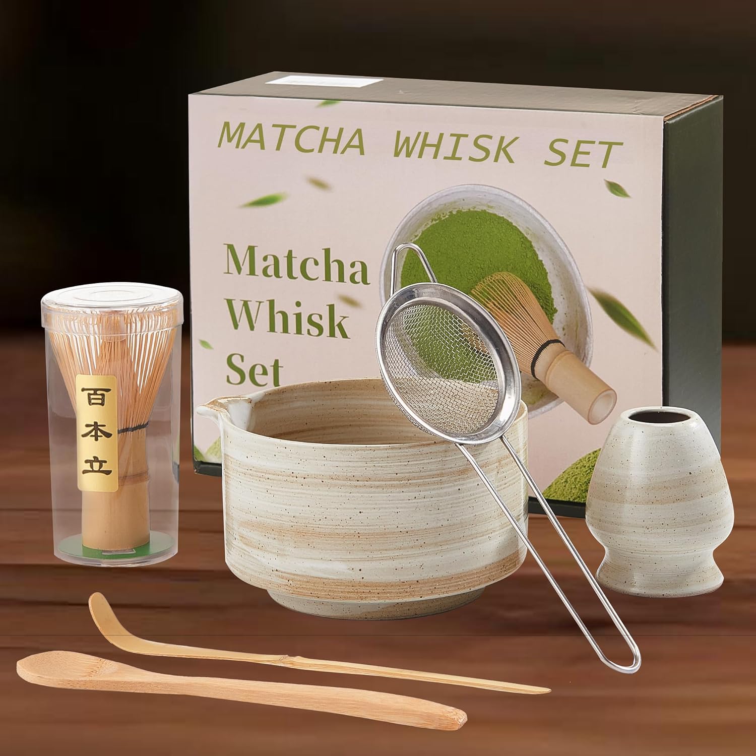 Matcha Whisk Set, Ceramic Matcha Set with Bowl, Matcha Whisk and Holder, Sifter, Bamboo Spoon, Scoop, 6Pcs Ceremony Matcha Kit for Tea Lovers Making Breakfast/Latte