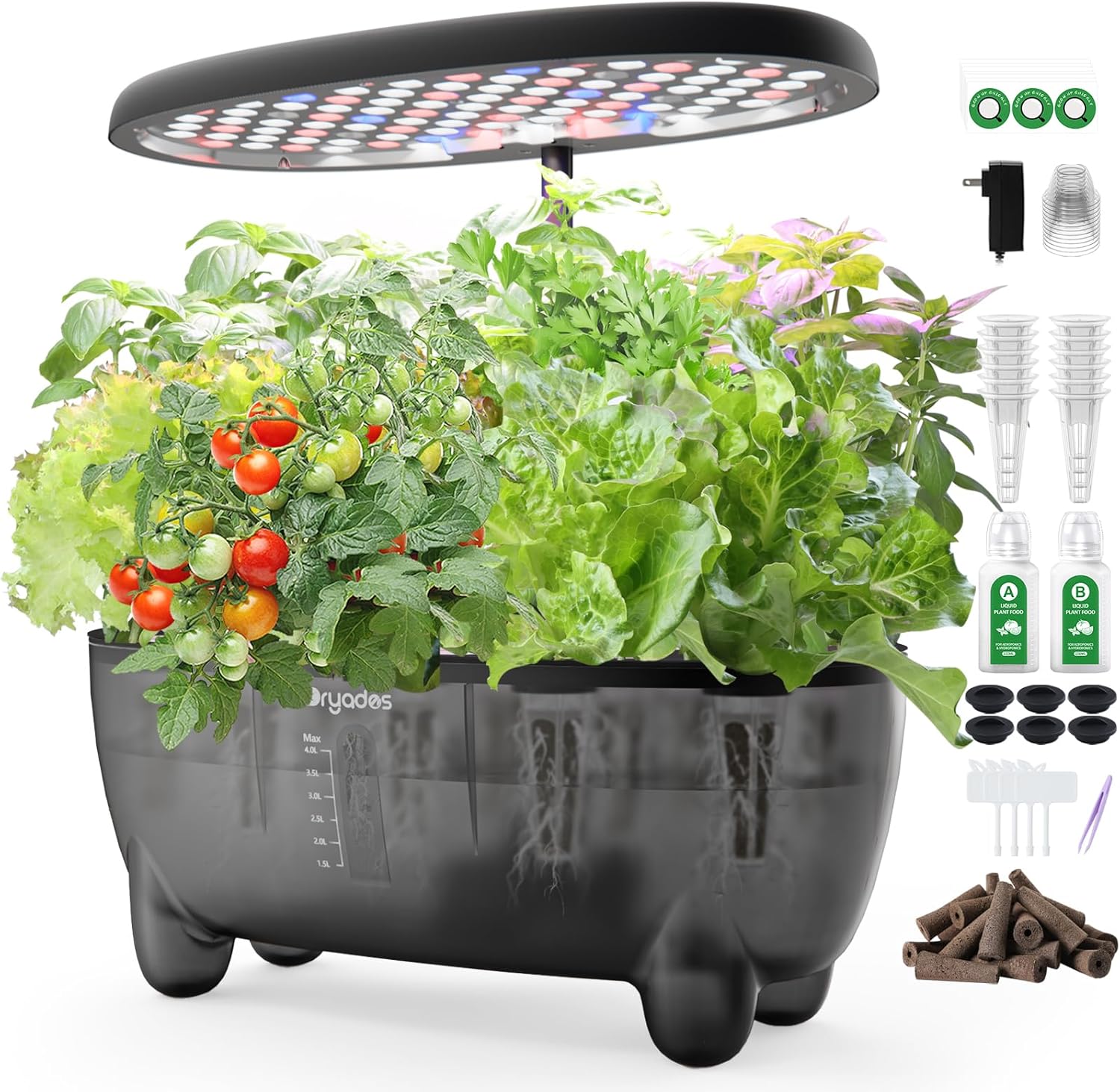 DRYADES Hydroponic Growing System Kit 12 Pods, Smart Herb Garden Planter with 24W Full Spectrum LED Grow Light, indoor Gardening System for Home/Office/School (Black)