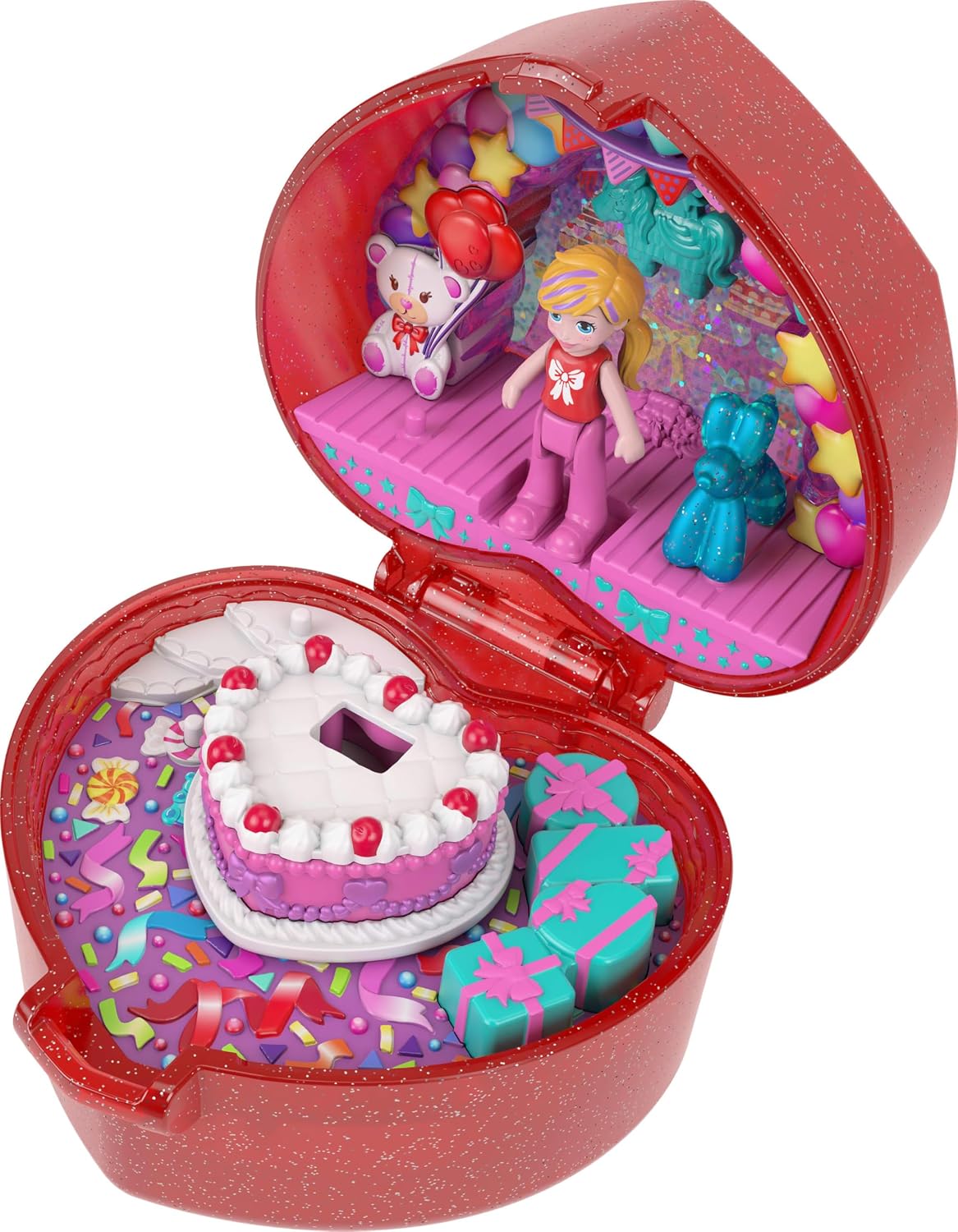 Polly Pocket Mattel 80th Anniversary Compact Playset, Jewelry Box with Doll, Balloon Pet, and Wearable Ring, Ring Box with Celebration Theme