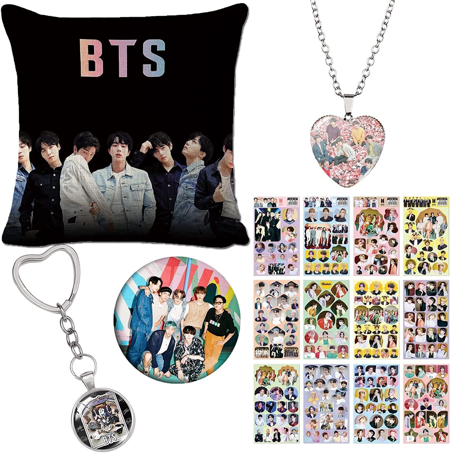 ZPPLD Kpop BTS Merchandise,BTS Gift Set,Kpop Merch,1BTS Throw Pillow Case,BTS Necklace,BTS Stickers,BTS Keychain,Brooch, BTS Merch