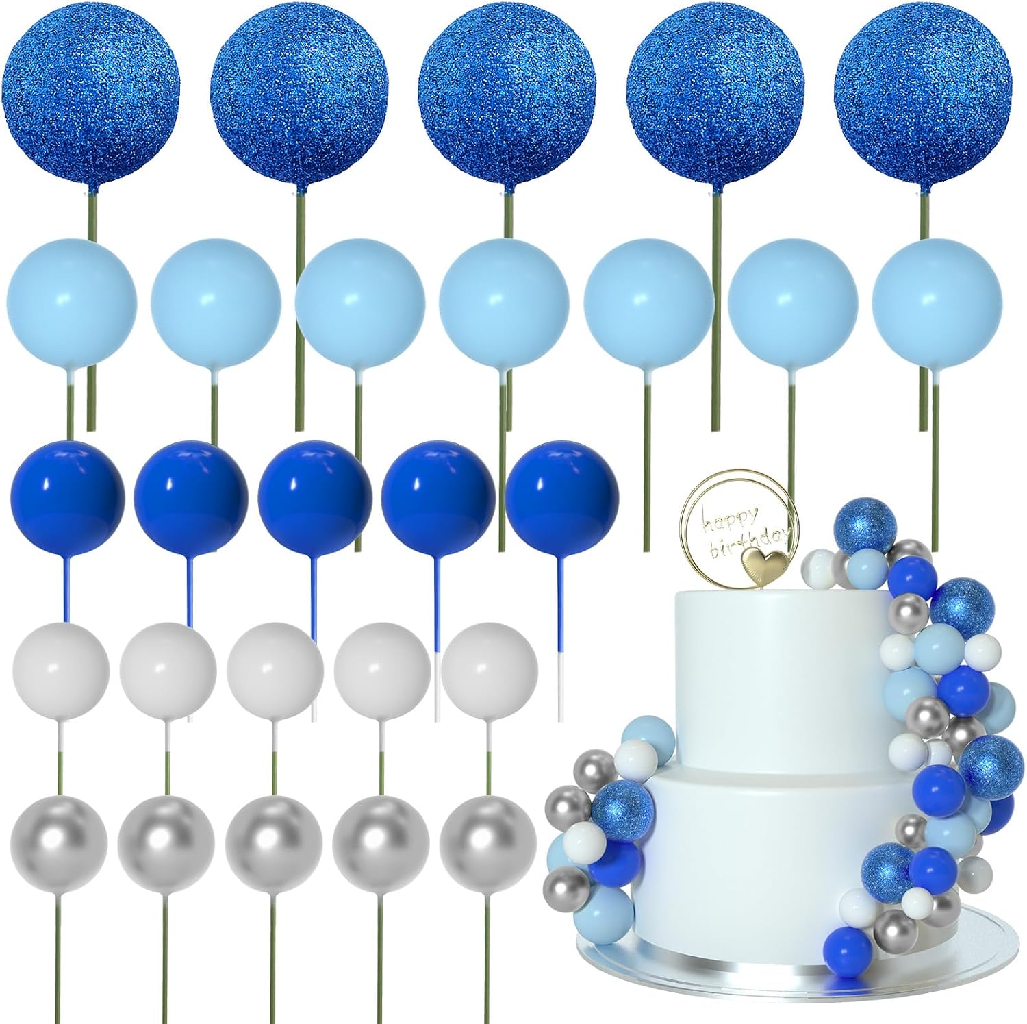 ASTARON 50 Pcs Ball Cake Topper Sticks Mini Balloons for Cake Decorating Supplies Foam Balls Cake decorations for Baby Shower Cake Birthday Cake Toppers Decorations (Blue Series)