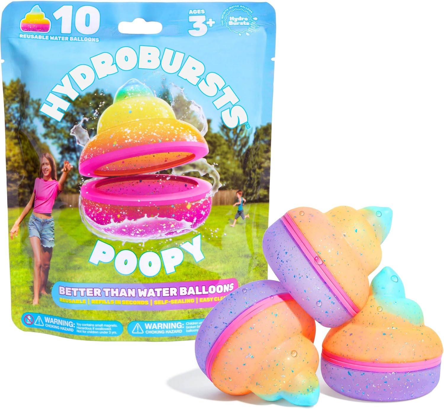 Hydroburst 10-pack Reusable Water Balloons by Relatable, For The Pool, Beach Toys And Outdoor Play Toys, Includes 10 Refillable Balloons With Poopy Faces