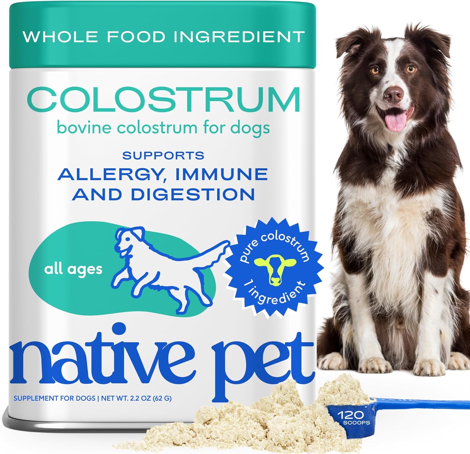 Native Pet Colostrum for Dogs – Bovine Colostrum Powder – Allergy Relief, Immune Support & Itchy Skin Treatment – Dog Multivitamins for Skin & Gut Health – Puppy Milk Replacement & Prebiotic -120 ct.