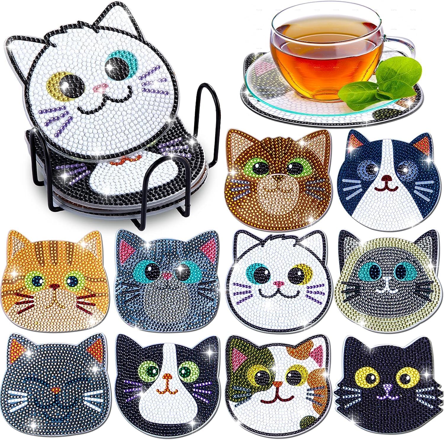 10PCs Diamond Painting Coasters Set - Cat Theme Diamond Art Coasters Painting Kits for Kids and Adult Diamond Dots, Arts and Crafts DIY Kits for Adults and Kids Beginners Supplies Gift
