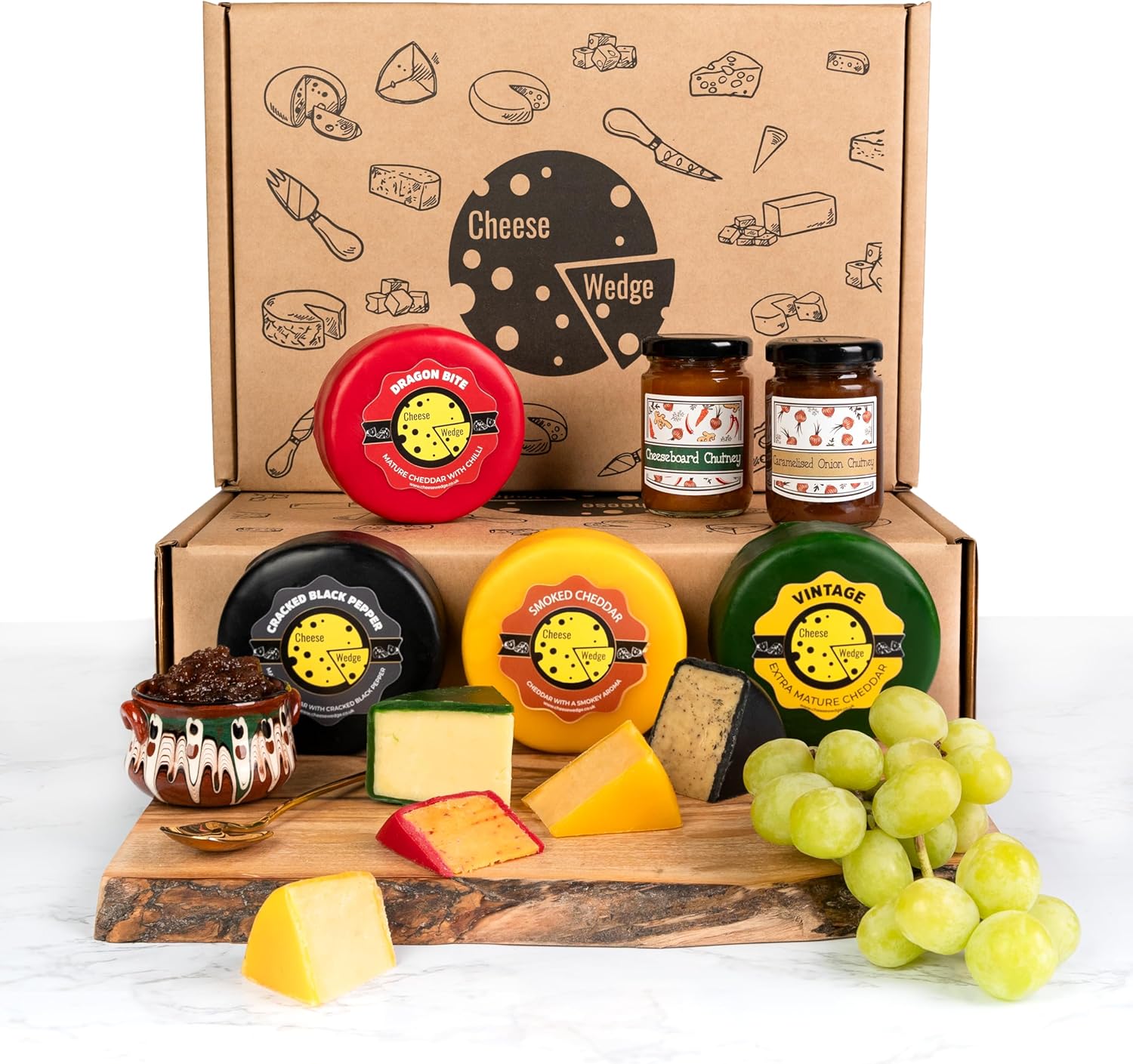 Premium Gift Set | Cheese & Chutney Gift Box | 4 Luxury Truckle Cheese Selection & 2 Artisan Chutneys