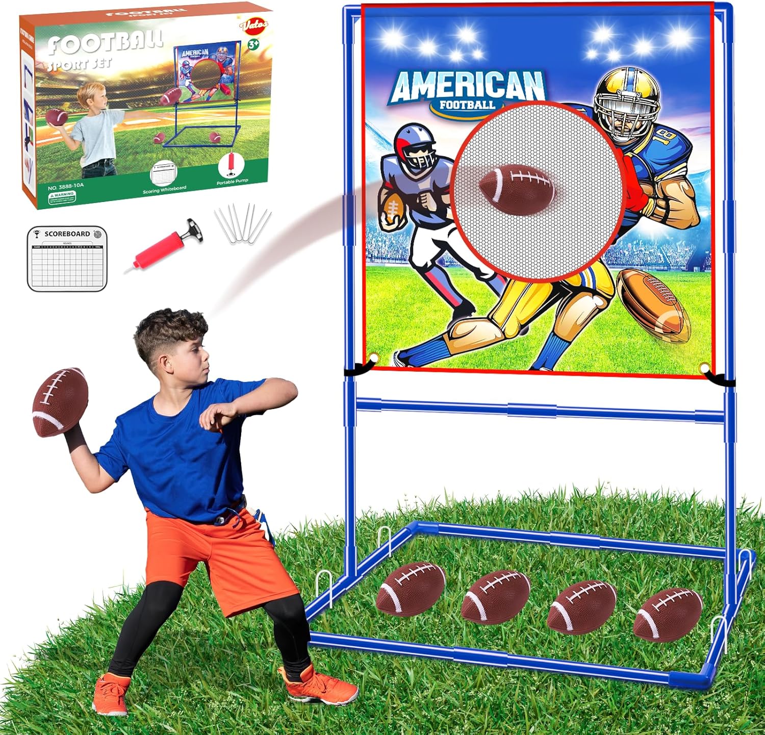 VATOS Football Toss Target Games with 4 Inflatable Footballs - Indoor Outdoor Backyard Throwing Sport Toy for Kids, Football Passing Targets Party Game for Boys Girls and Family Fun Play