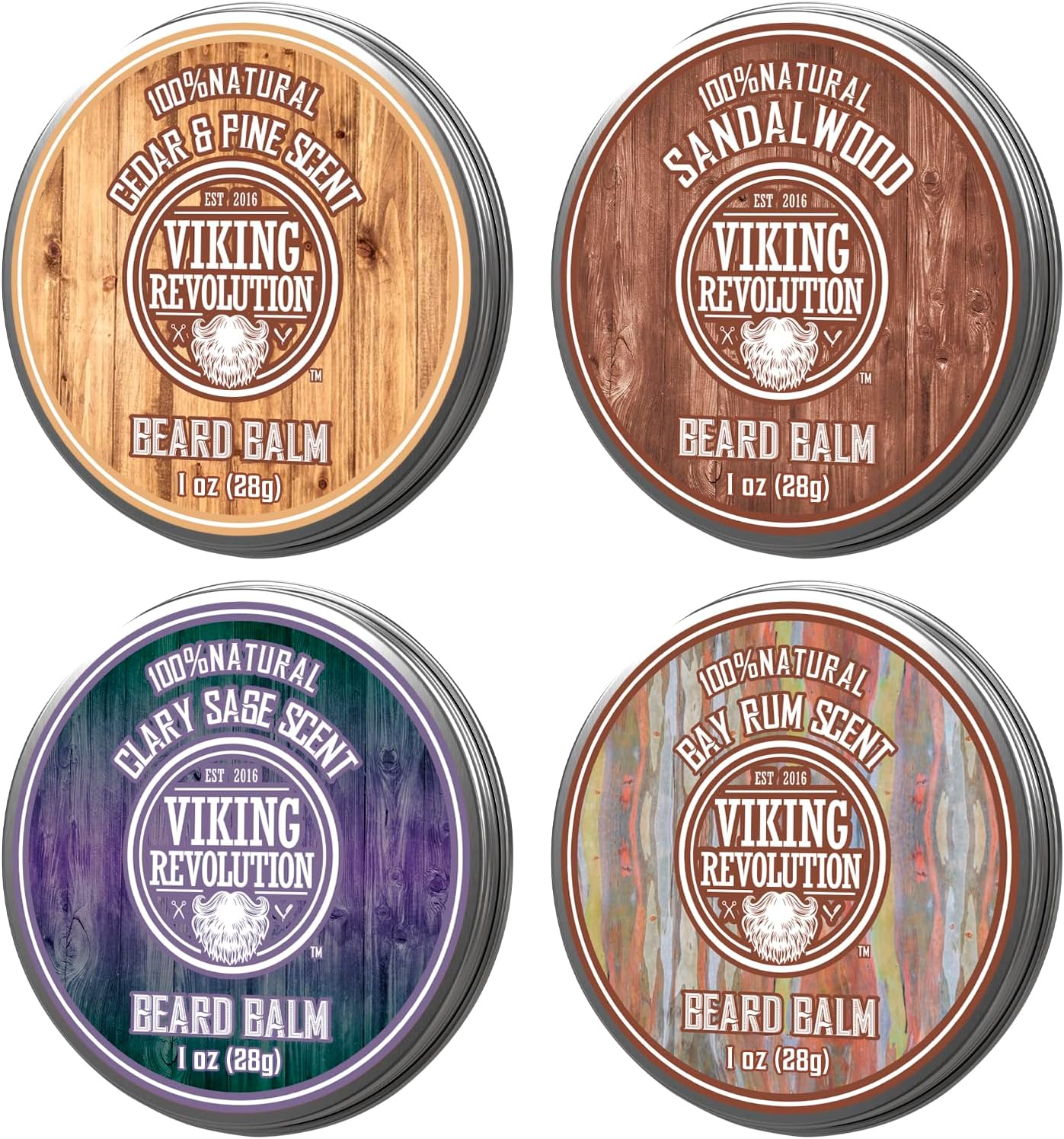 Viking Revolution - Beard Balm - 4 x 28 g Variety Pack - Sandalwood, Pine & Cedar, Bay Rum, Clary Sage - Beard Wax For Men - Styles, Strengthens & Softens - Gifts for Men
