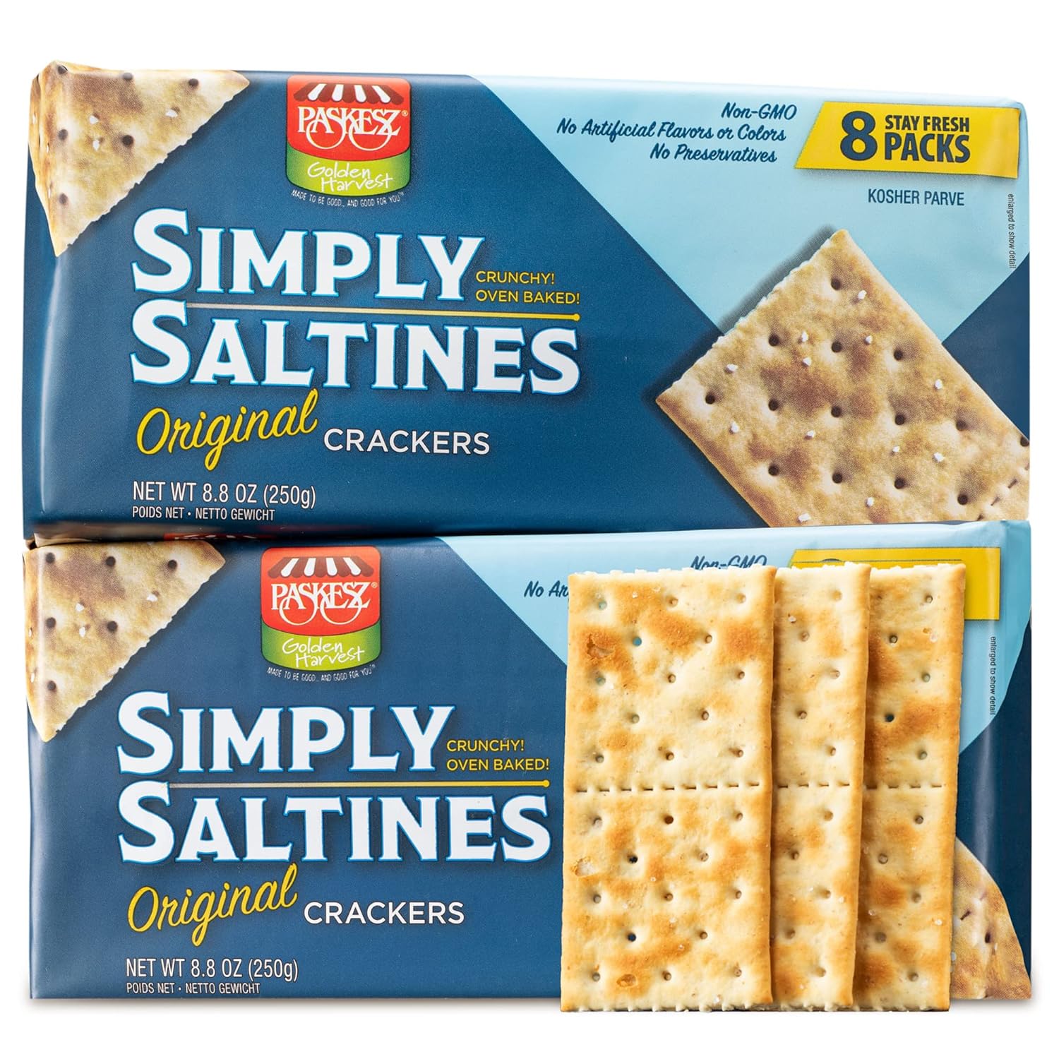 Paskesz Simply Saltines Crackers - Original Saltine Crackers - Light and Crispy Oven-Baked Soup Crackers, Ready to Dip, Non-GMO, 8.8 Ounce - Pack of 2