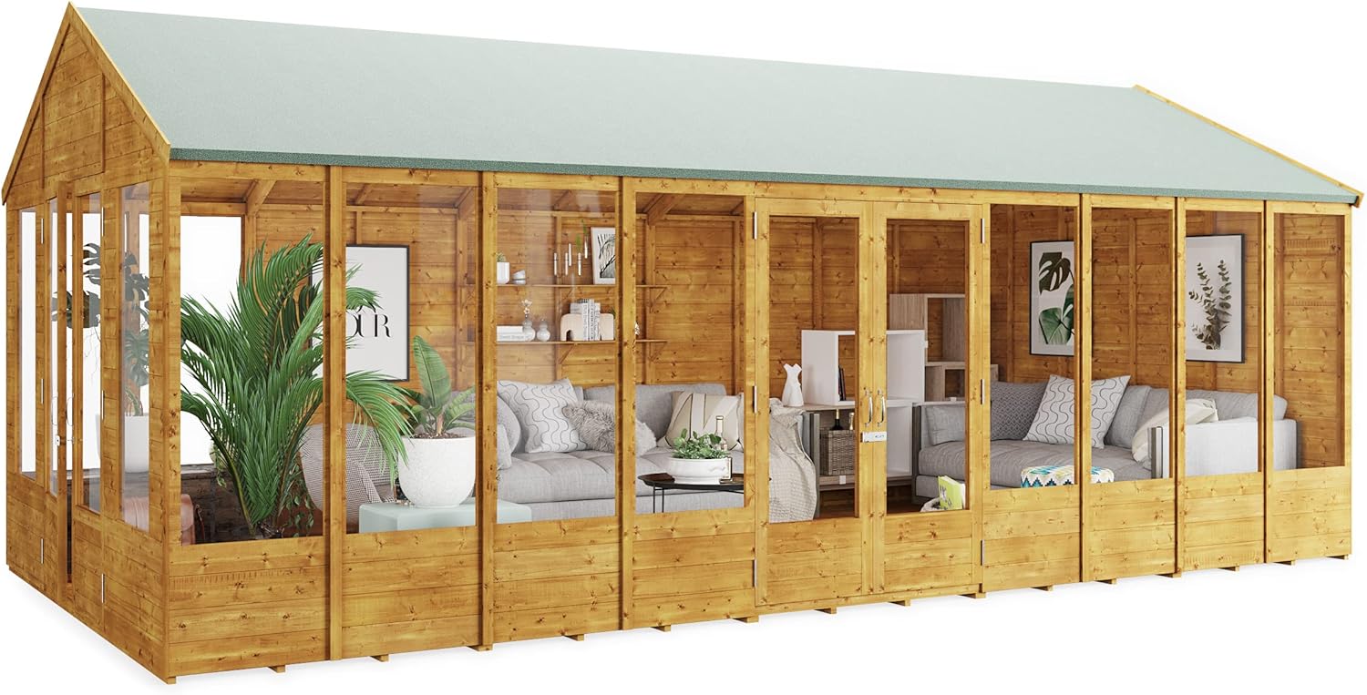 BillyOh Tessa 20x10 Log Cabin Summer House Shed – Spray Treated Wooden Garden Room with Dual Entrance, Wide Double Doors, Tongue and Groove Construction | Versatile Tiny Home for Garden Office