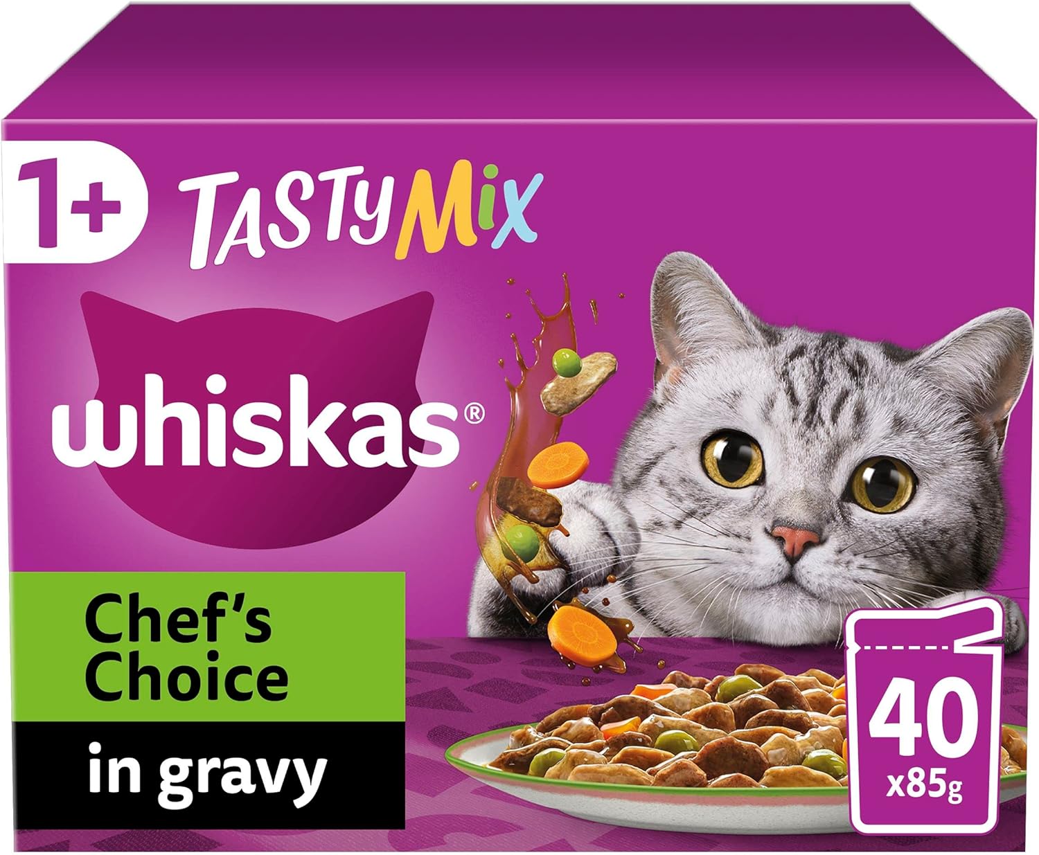 whiskas Tasty Mix 1+Chef´s Choice in Gravy 40x85g Pouches, Adult Cat Food