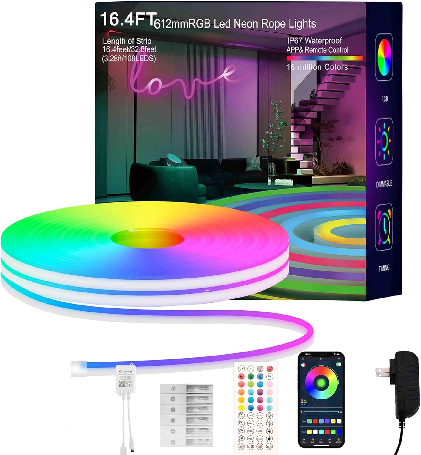 Neon Rope Lights, 16.4FT RGB LED Strip Lights App Control,IR Remote,Music Syncing,Outdoor IP67 Waterproof,Flexible DIY Design for Bedroom,Living,Gaming,Party Decoration