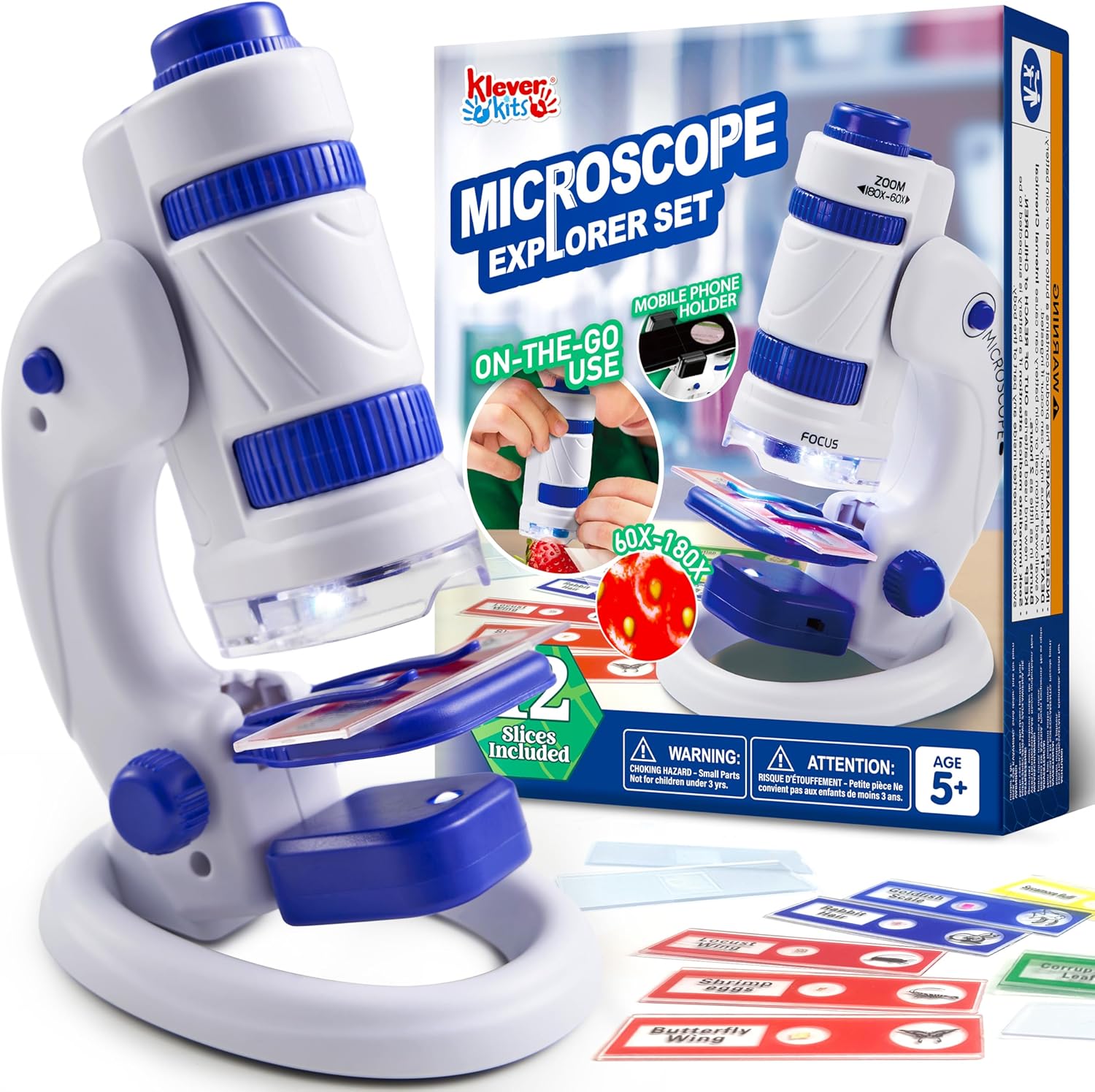 Klever Kits Microscope Explorer Set for Kids, 2 in 1 Science Experiment Toy with Portable Microscope and 12 Specimen Slides, 60X-180X, Educational Toys for Kids Aged 5+
