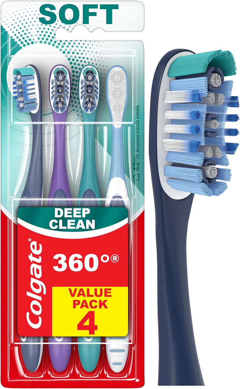 Colgate 360 Whole Mouth Toothbrush, Adult Soft Toothbrush With Tapered Bristles, Features Tongue Cleaner and Ergonomic Handle, Helps Whiten Teeth and Removes Bacteria, 4 Pack