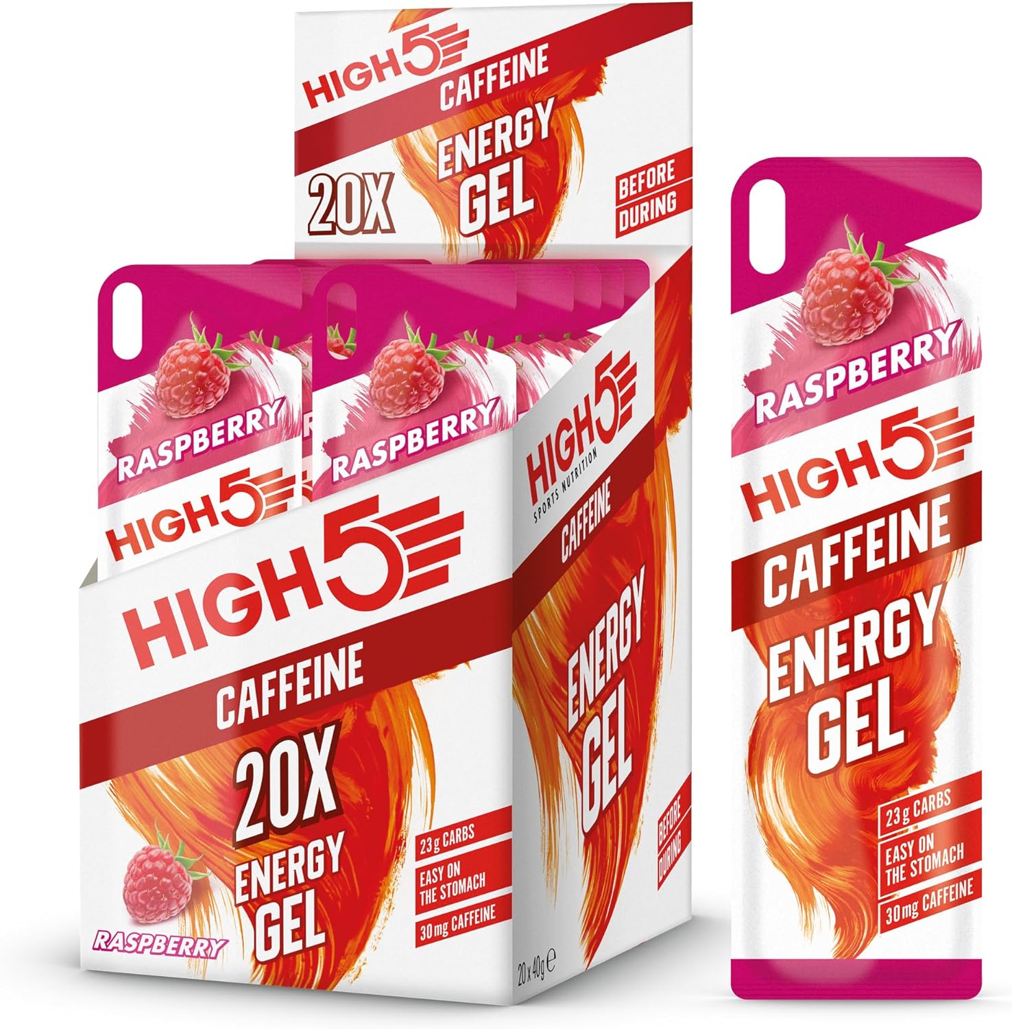 HIGH5 Caffeine Gels Running - Glucose Shots for Instant Energy and Running Fuel - Natural Fruit Juice Energy Shots - Sports Gel for Running, Cycling, Ultra Marathon, Ironman (Raspberry, 20 x 40g)