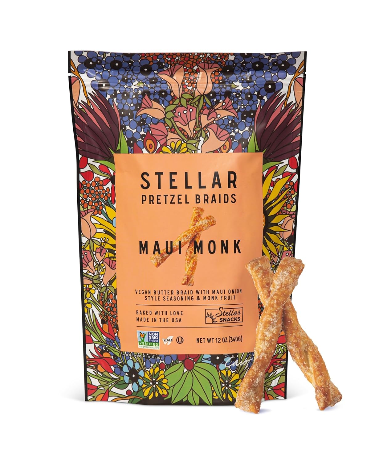 Stellar Snacks Pretzel Braids, Maui Monk, 12 OZ Large Bag - Vegan, Kosher, Non-GMO Rods, Twists, Sticks