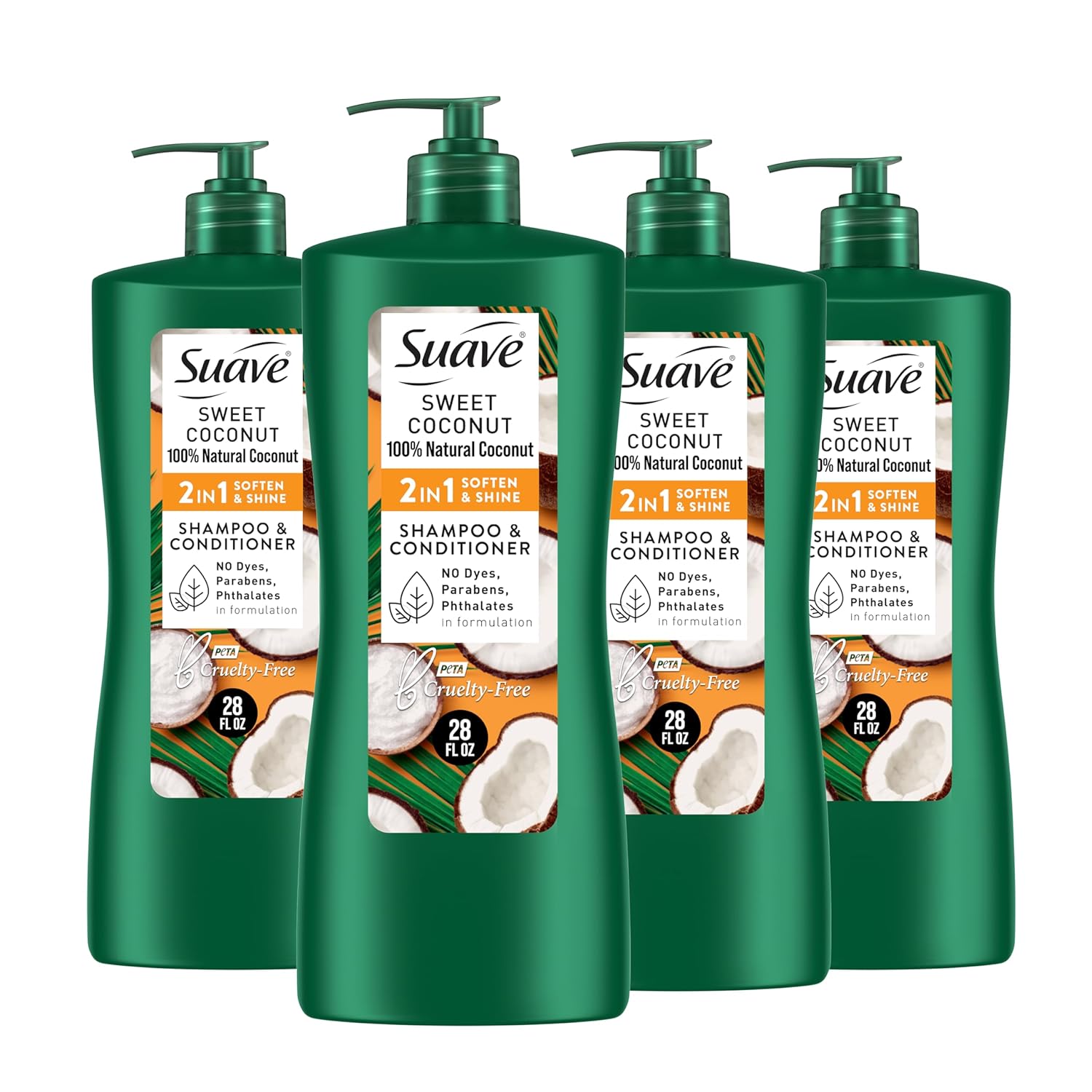 Suave Natural Sweet Coconut 2 In 1 Shampoo & Conditioner with 100% Natural Coconut, for Softening and Shining Hair, No Dyes, No Parabens, No Phthalates, 28 Oz (Pack of 4)