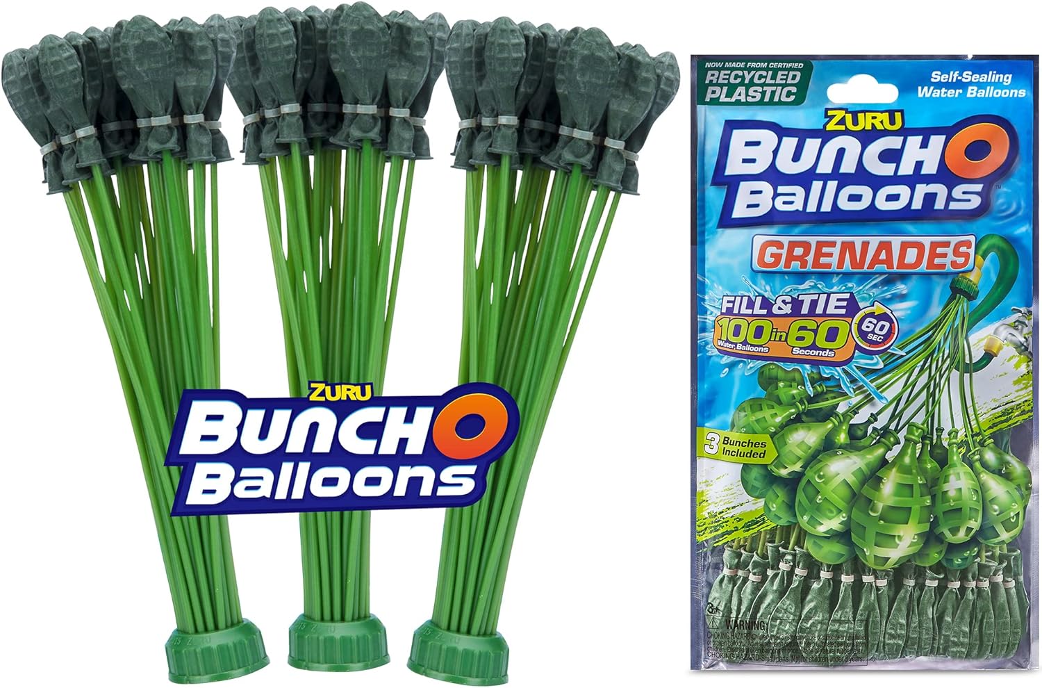 Bunch O Balloons 100 Grenade Rapid-Filling Self-Sealing Water Balloons by ZURU, (Model: 56112Q), Green