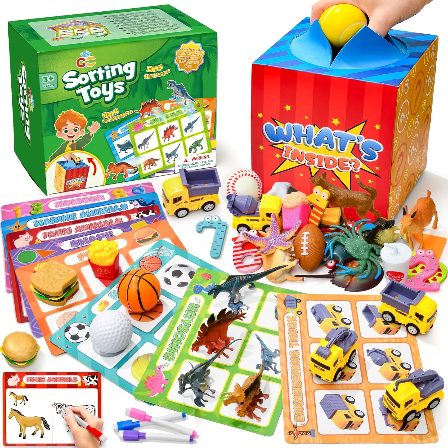 G.C Montessori Sorting Toys for Toddlers with Mystery Box, Animals Dinosaurs Vehicles Sensory Toys Playset Matching Games, Preschool Learning Activities Speech Therapy Gift for 3 4 5 6 Year Old Kids