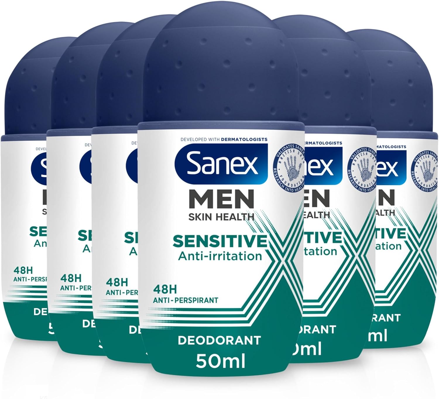 Sanex Men Sensitive Antiperspirant Roll-On Deodorant 6x50ml, 48 hour sweat protection, odour-fighting formula, slows down odour release, gentle on skin, 0% alcohol*