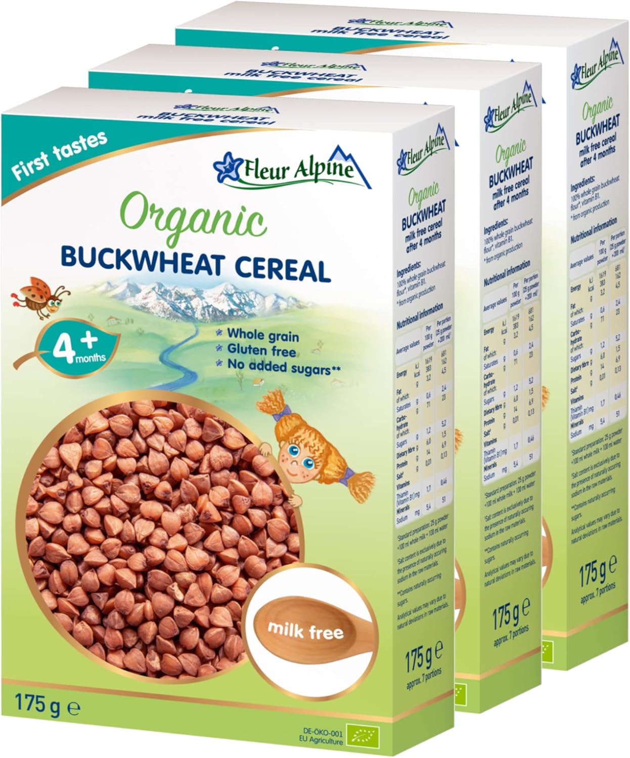 FLEUR ALPINE Baby Food | Organic Buckwheat Baby Cereal Pack of 3 - Baby Porridge for Delicious Breakfast Meals | Nutritious Instant Gluten Free Porridge 4+ Months with No Added Sugars | 3x7 Servings