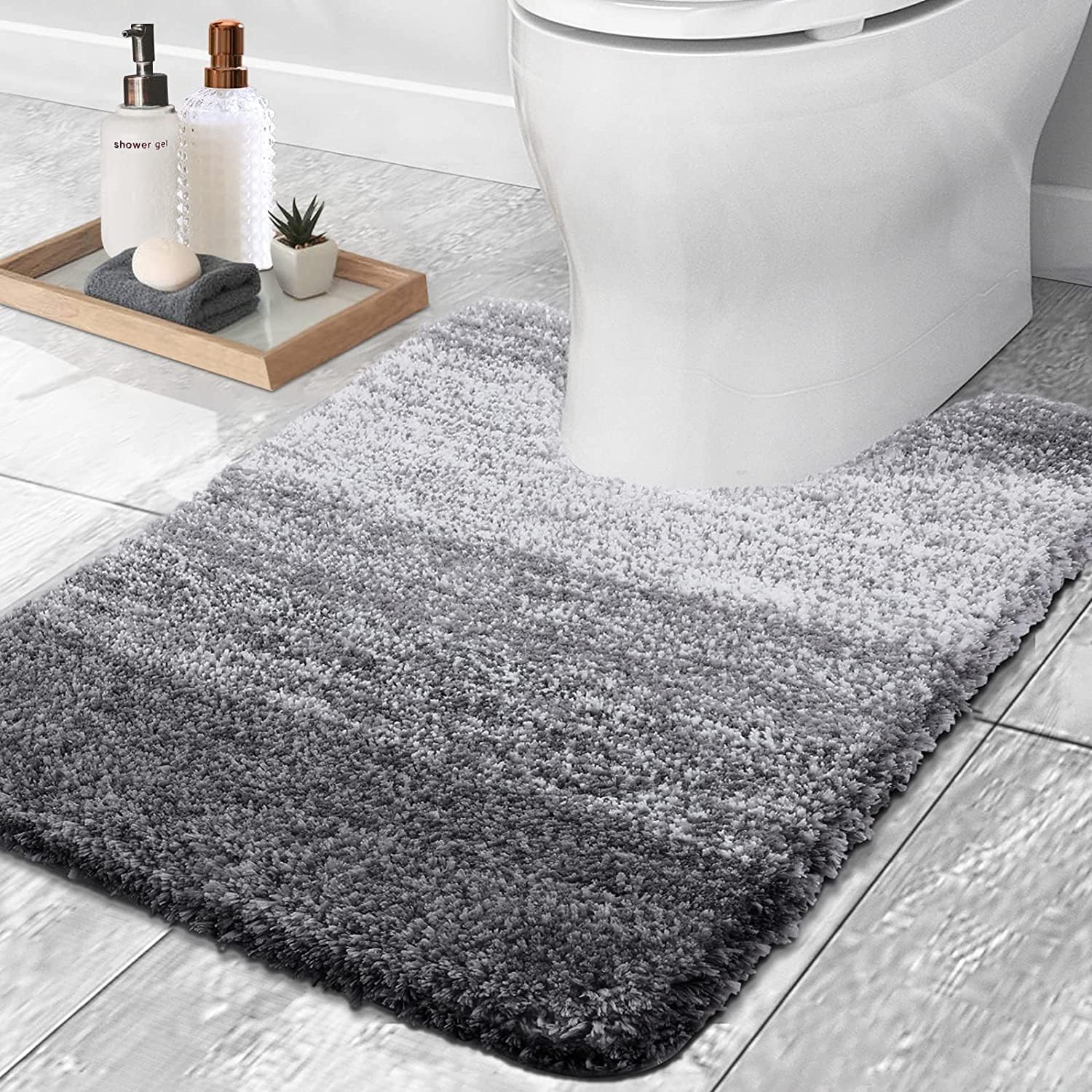 smiry Microfiber U-Shape Toilet Mat, Non-Slip Shaggy Soft Pedestal Mat for Bathroom, Water Absorbent bath mat, 50 x 60 cm, Grey