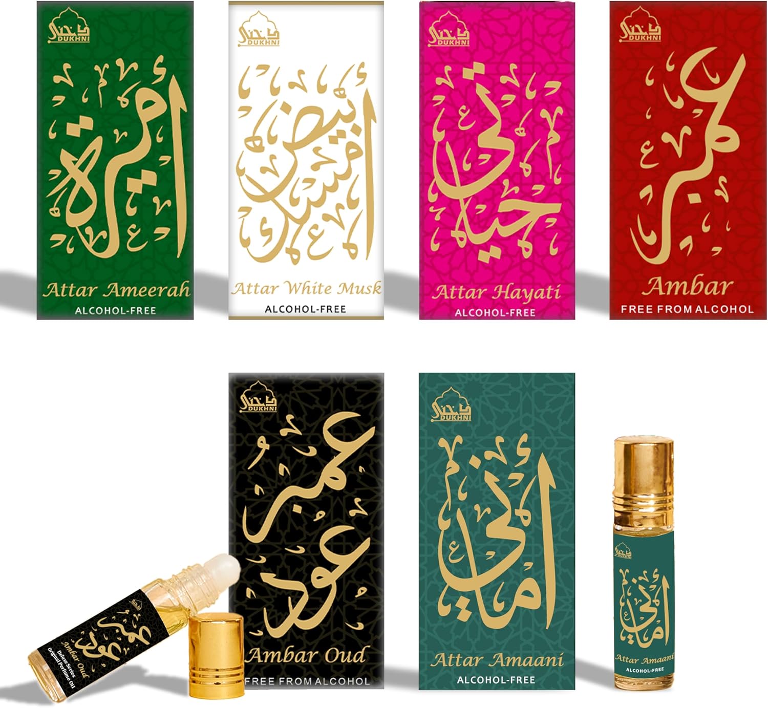 Dukhni Luxury Attar Oil Set | Arabian unisex perfume oils | 6 assorted scents x 6ml | Mini roll ons, arabic oud fragrance oil | Alcohol free, Vegan, Collection Set for Gifting