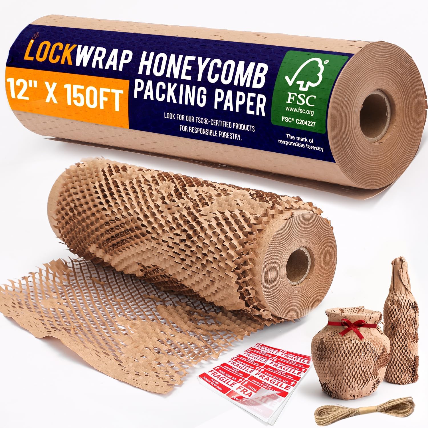 Honeycomb Packing Paper For Moving 12" x 150ft With Rope & Fragile Stickers