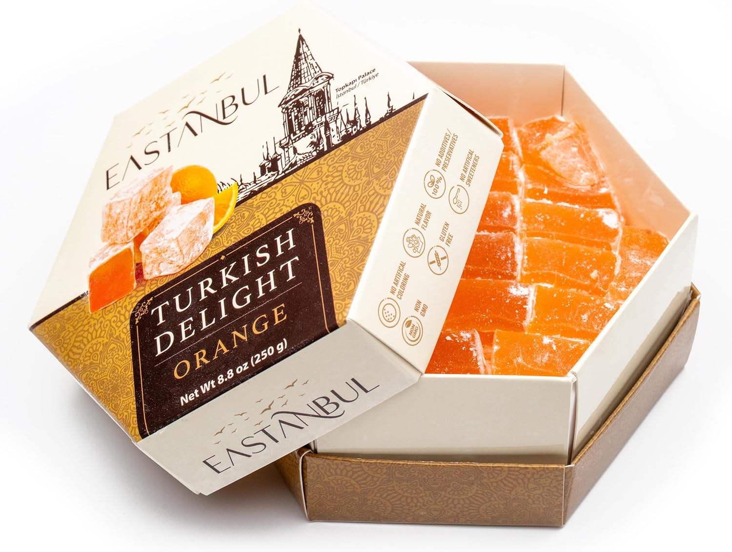 Eastanbul Turkish Delight with Orange Flavor, 250g, Turkish Delights w/Citrus Infuse, Lokum Turkish Delight, Nut-Free Turkish Delights, Best Turkish Delights Candy, Vegan