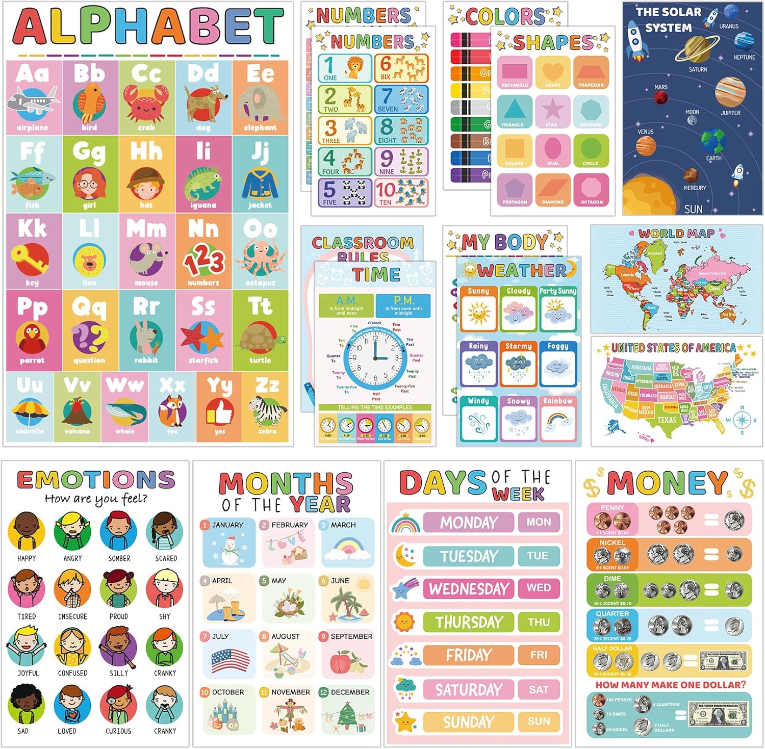 16 Educational Posters for Toddlers, Laminated Classroom Learning Posters, Kindergarten Classroom Must Haves, Preschool Homeschool Supplier Materials Alphabet Number Chart Classroom Wall Decor