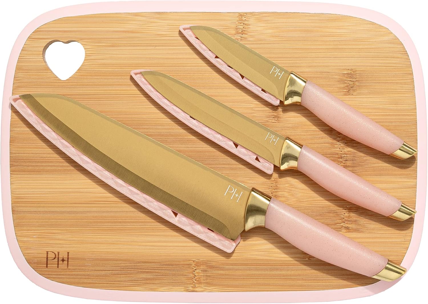 Paris Hilton Reversible Bamboo Cutting Board and Cutlery Set with Matching High Carbon Stainless Steel Knives, Blade Guards, Sleek Yet Comfortable Handle Grips, 7-Piece Set Gold, Pink
