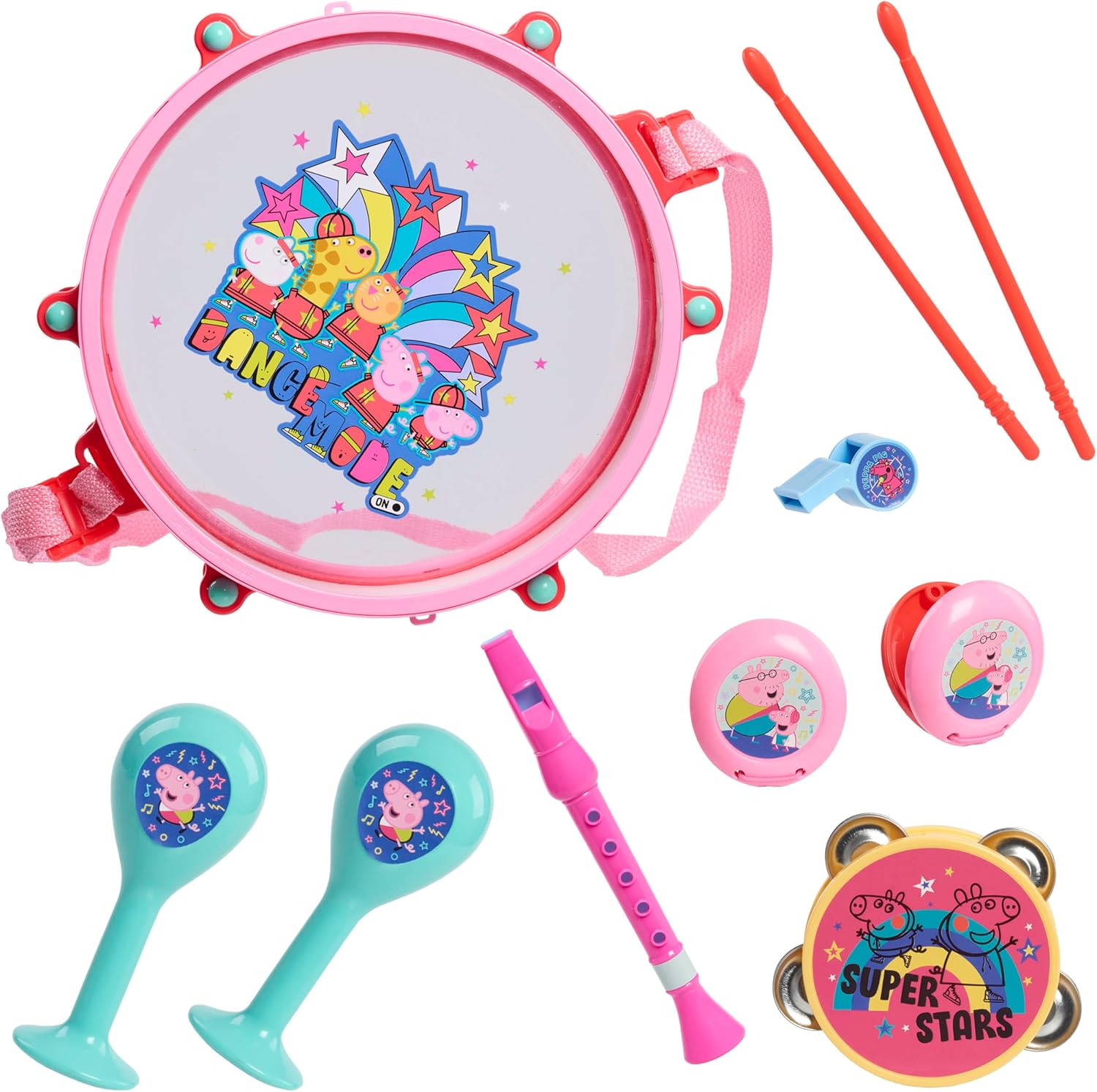 Peppa Pig Party Drum Set, 10-Pieces, 6 Musical Instruments, Pretend Play, Musical Education, Kids Toys for Ages 18 Month, Amazon Exclusive by Just Play